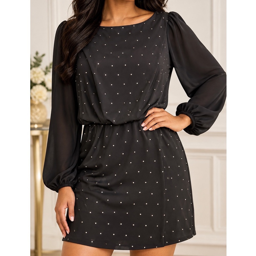 White House Black Market Women Dress Studded Black 2 Blouson Chiffon Sleeve Glam